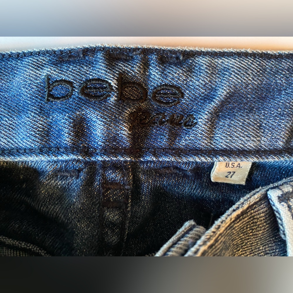 Bebe Patchwork and Distressed Skinny Stretch Blue Jeans, Size 27 - Picture 4 of 9